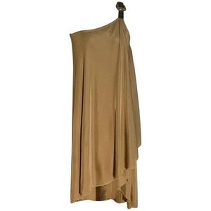 Alexander McQueen 2000s Leather Buckle Accent One Shoulder Tan Knit Draped Dress